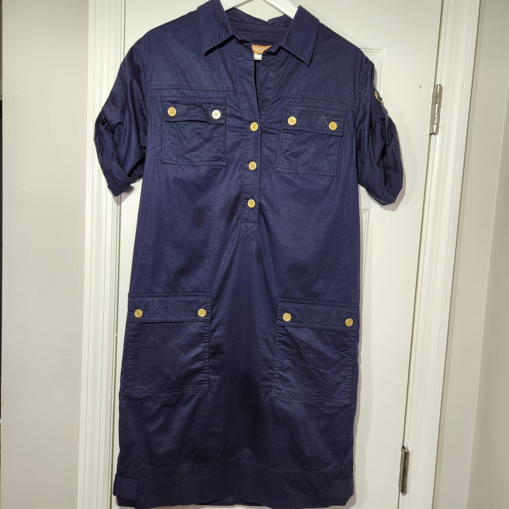 Ellen Tracy Navy Blue 4 Pocket Midi Dress with Gold Hardware Womens Small